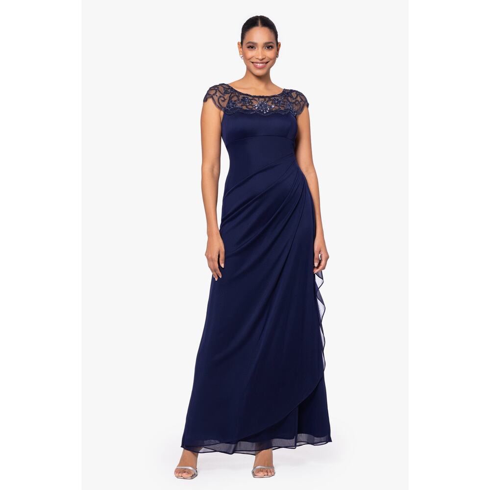 Xscape Women's "Cora" Sheer Matte Jersey Side Ruched Gown Navy Size 14 NWT